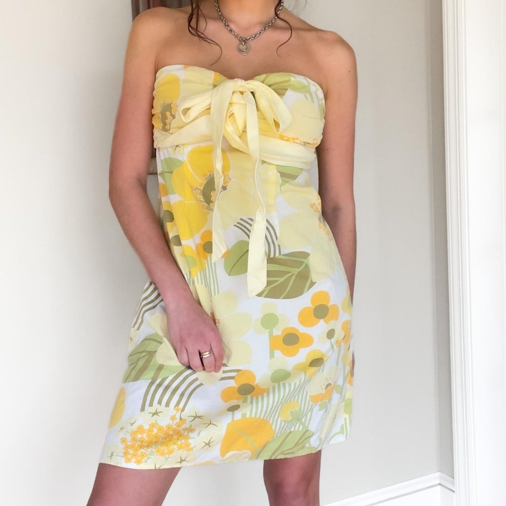 vintage y2k sundress // yellow floral strapless tie front mini dress